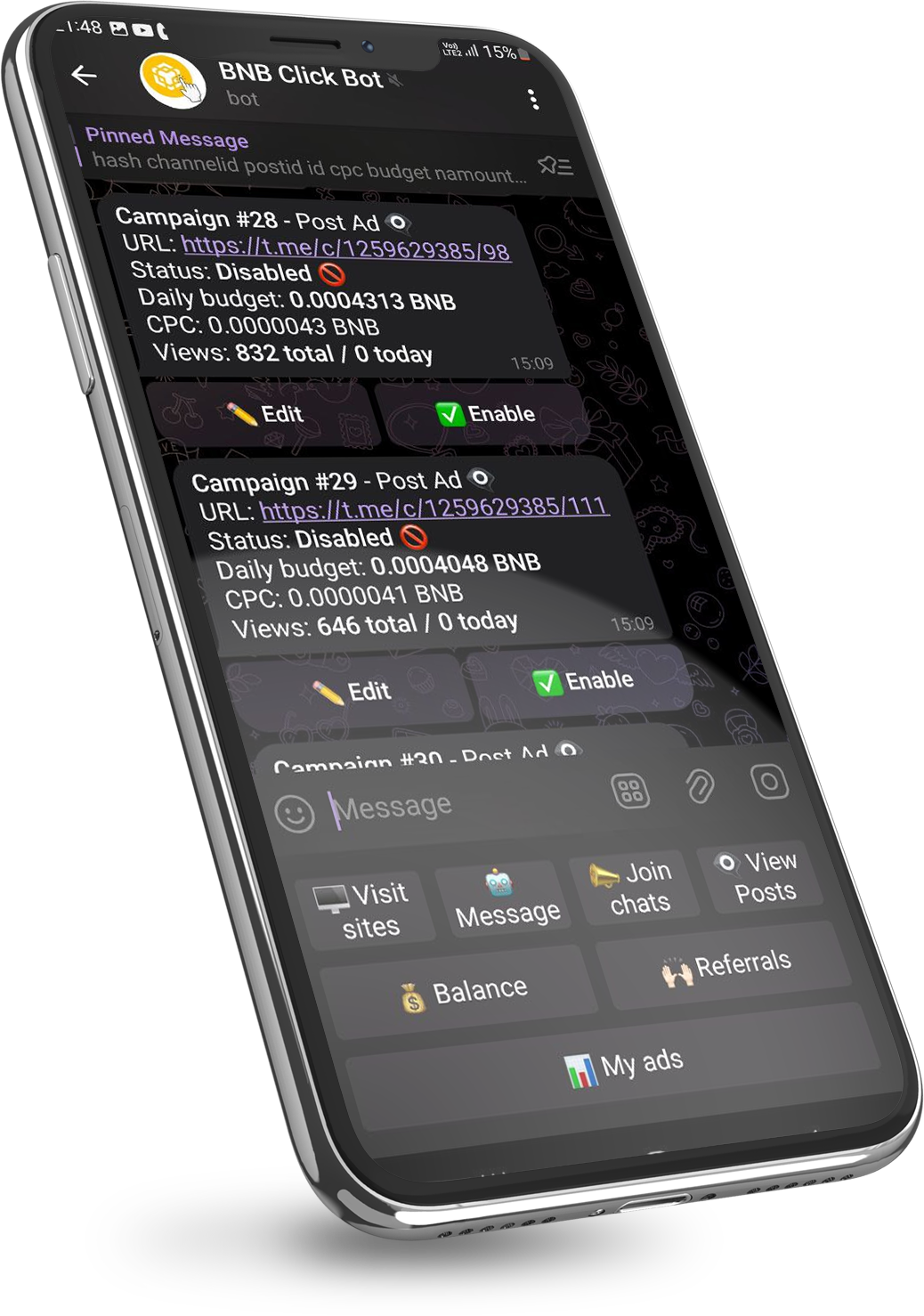 Telegram bot campaign dashboard on a phone